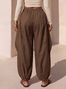 Zivah Plus Size Women Solid Color Elastic Waist Loose Tapered Pants - Mustard Yellow - View 2