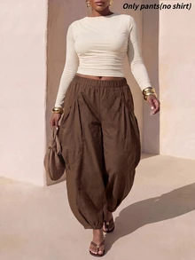 Zivah Plus Size Women Solid Color Elastic Waist Loose Tapered Pants - Mustard Yellow - View 3