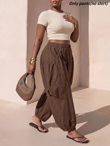 Zivah Plus Size Women Solid Color Elastic Waist Loose Tapered Pants - Mustard Yellow - View 1