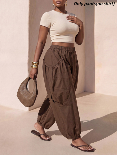 Zivah Plus Size Women Solid Color Elastic Waist Loose Tapered Pants