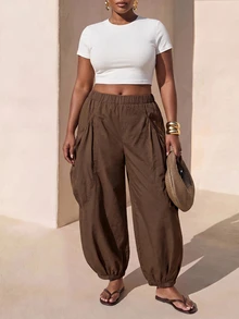 Zivah Plus Size Women Solid Color Elastic Waist Loose Tapered Pants - Mustard Yellow - View 5