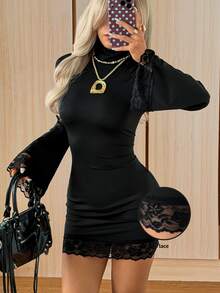 SHEIN EZwear Gaun Mini Rajut Hitam Pas Badan untuk Wanita - Hitam - View 7
