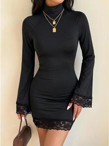 SHEIN EZwear Gaun Mini Rajut Hitam Pas Badan untuk Wanita - Hitam - View 9