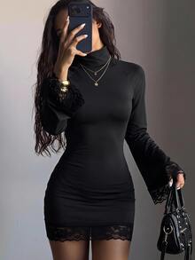 SHEIN EZwear Gaun Mini Rajut Hitam Pas Badan untuk Wanita - Hitam - View 1