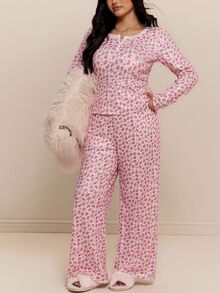 CovetEZ Plus Size Women's All-Over Print Long Sleeve Top And Pants Casual Daily 2 Pieces Set Fall - Multicolor - View 6
