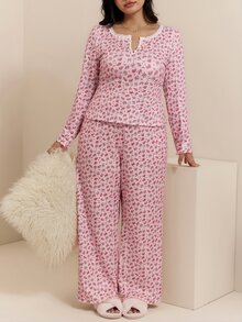 CovetEZ Plus Size Women's All-Over Print Long Sleeve Top And Pants Casual Daily 2 Pieces Set Fall - Multicolor - View 5