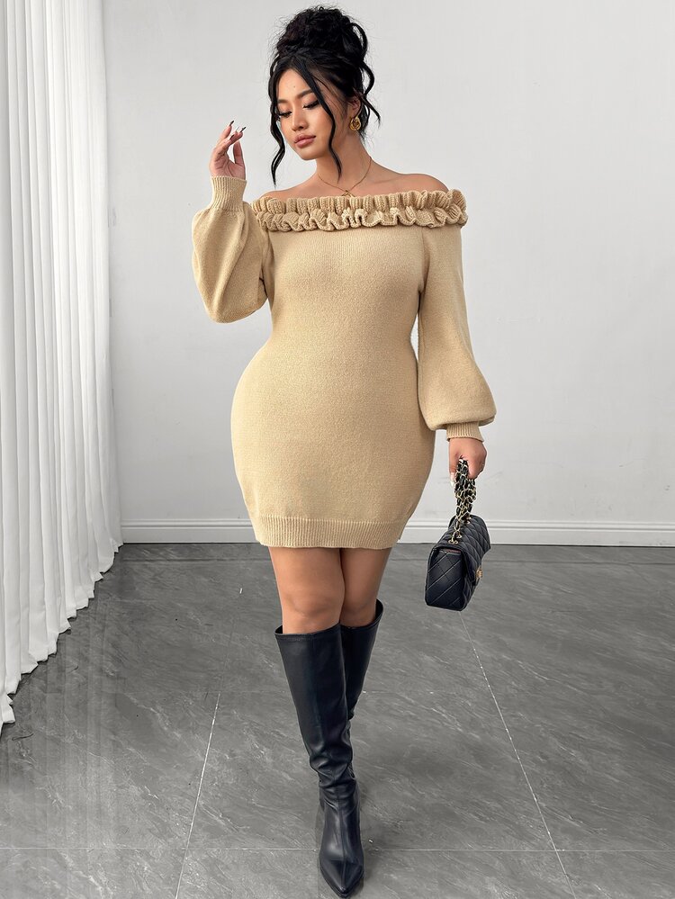 SHEIN Elenzya Gaun Rajut Wanita Ukuran Plus Musim Gugur dengan Bahu Terbuka, Sweater Bodycon Elegan dengan Hiasan Ruffle, Lengan Panjang Mengembang Warna Khaki, Cocok untuk Kencan Malam Formal di Musim Dingin. - Khaki - View 5