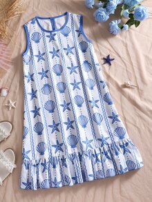SHEIN 女童春夏季度假北歐風休閒熱帶日常通勤海灘圓領無袖荷葉邊娃娃迷你洋裝 日常穿搭 白色 - 藍色 - 查看 5