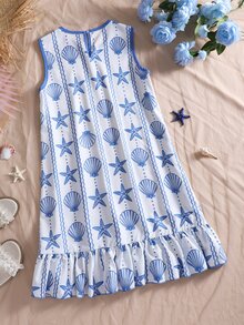 SHEIN 女童春夏季度假北歐風休閒熱帶日常通勤海灘圓領無袖荷葉邊娃娃迷你洋裝 日常穿搭 白色 - 藍色 - 查看 3