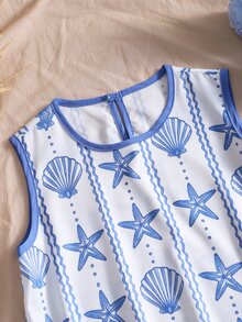 SHEIN 女童春夏季度假北歐風休閒熱帶日常通勤海灘圓領無袖荷葉邊娃娃迷你洋裝 日常穿搭 白色 - 藍色 - 查看 4