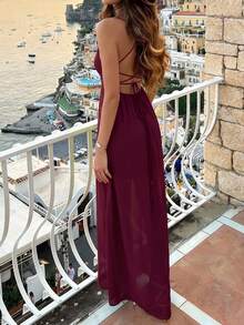 Aloruh Women's Solid Color Casual Daily Summer Spaghetti Strap Dress - Burgundy - View 2