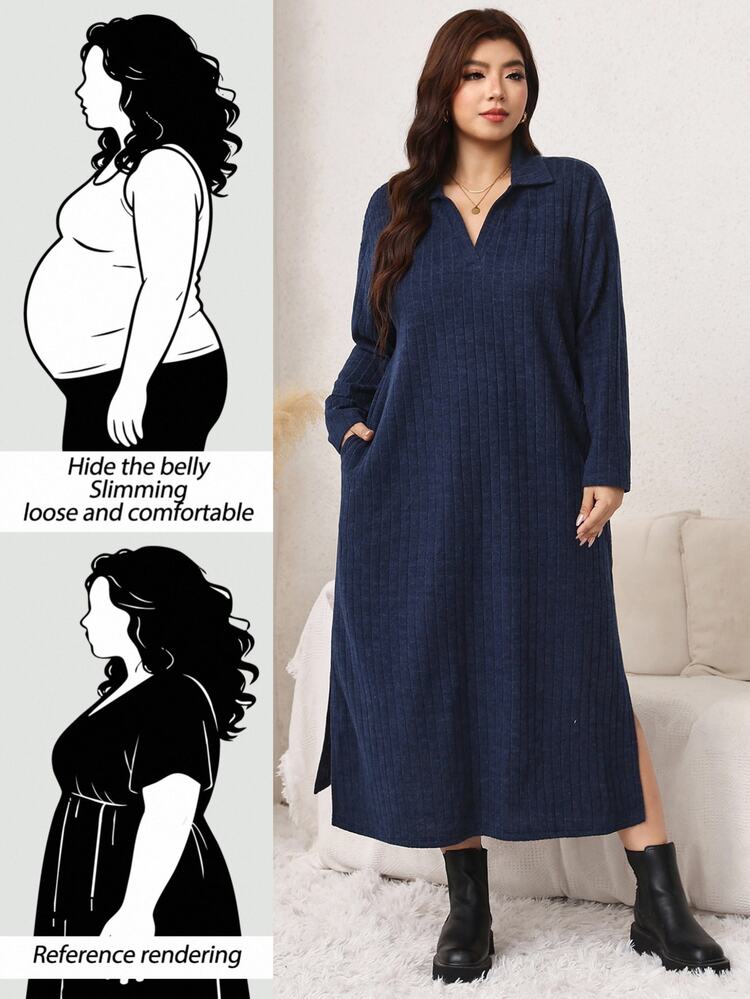 Easowa Curve Gaun Kasual Wanita Ukuran Besar Warna Polos Kerah Lengan Panjang Belahan Samping di Bagian Bawah - Navy Blue - View 2