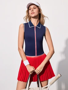 CourtClass CourtClass 女士撞色 Polo 领无袖修身拉链短款背心，运动休闲网球服，日常穿着 - 藏蓝色 - 查看 4