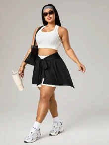 CourtClass Plus Size Women Solid Color Knotted Waist Casual Sports Mini Skirt - Black - View 7