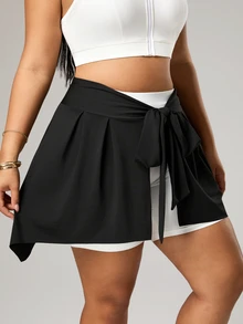 CourtClass Plus Size Women Solid Color Knotted Waist Casual Sports Mini Skirt - Black - View 5