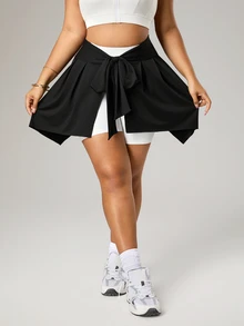 CourtClass Plus Size Women Solid Color Knotted Waist Casual Sports Mini Skirt - Black - View 6