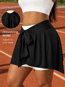 CourtClass Plus Size Women Solid Color Knotted Waist Casual Sports Mini Skirt - Black - View 1