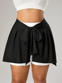 CourtClass Plus Size Women Solid Color Knotted Waist Casual Sports Mini Skirt - Black - View 3