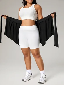 CourtClass Plus Size Women Solid Color Knotted Waist Casual Sports Mini Skirt - Black - View 4