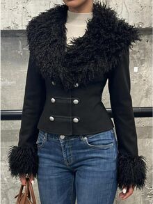 SHEIN EZwear Jaket Napoleon Wanita Lengan Panjang dengan Kerah Bulu - Hitam - View 2