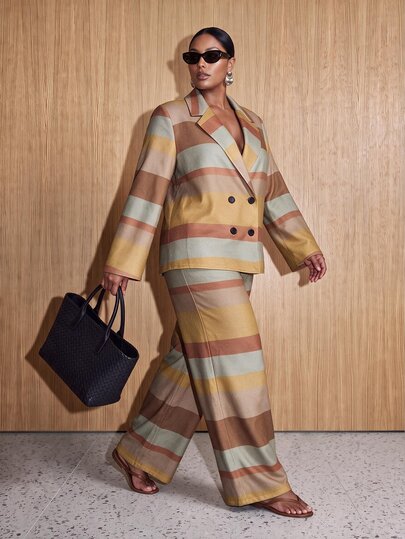 Veslaya New Fall/Winter Plus Size Women's Striped Suit 2pcs/ Elegant/Autumn/Holiday/Festival/Vacation/Boho/Commuter/Concert/Travel/Office/Wedding Guest/Formal