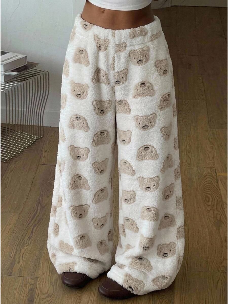 Kids Tween Girl Cute Autumn/Winter Casual White Fluffy Cartoon Bear Pattern Long Pants, Fall, Autumn/Winter - White - View 1