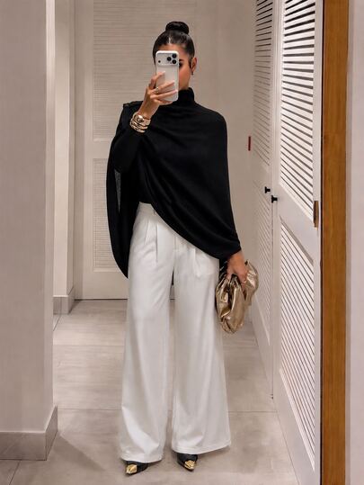 Silquee This Women's Black High-Neck Knit Top Features A Shawl-Style Design; Warm And Vintage-Inspired, It Offers Simple Elegance Suitable For Both The Workpl