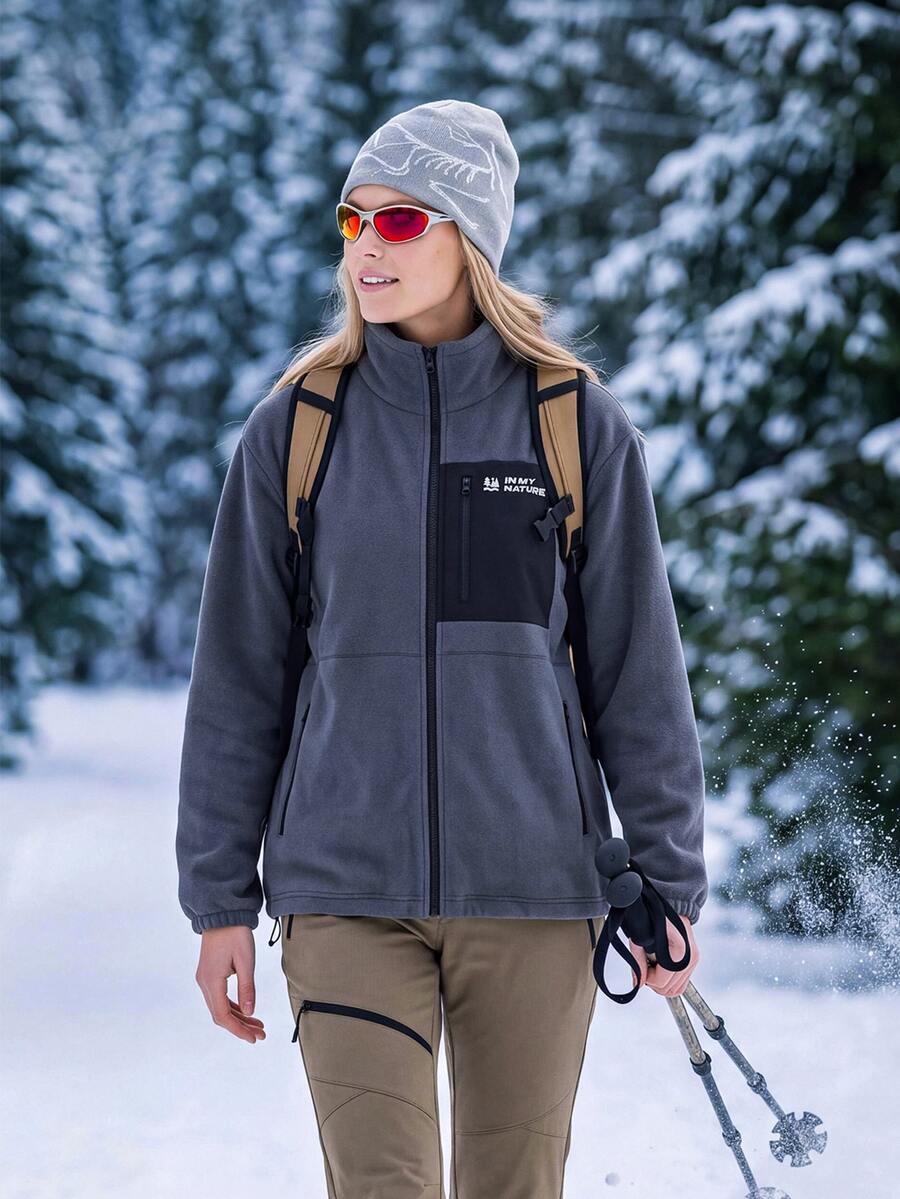 In My Nature 女款長袖拉鍊口袋立領戶外抓絨外套,運動休閒服,適合徒步、露營、滑雪、單板滑雪,秋冬穿著 - 灰色 - 查看 1