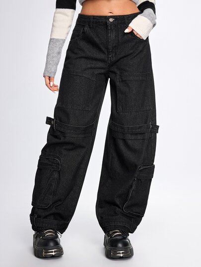 Street Life Women's Black Denim Jeans Streetwear Cargo Pockets Oversize Hot Girl Boyish Everyday Night Out Autumn Winter