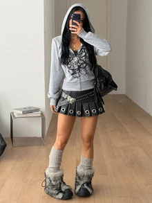 Coolane Sweatshirt Hangat Wanita Gaya Streetwear Musim Gugur/Dingin Y2K Kasual Abu-abu Muda dengan Motif Grafis dan Potongan Slim Fit dengan Resleting dan Tudung - Grey - View 3