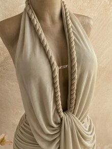 Soleia Women's Solid Color Halter Neck Pleated Casual Sexy Boho Date Night Out Club Night Party Mini Dress Beige Summer - Apricot - View 3