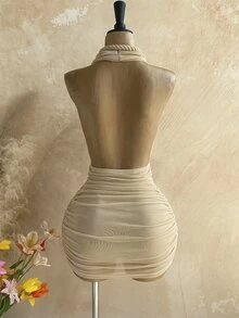 Soleia Women's Solid Color Halter Neck Pleated Casual Sexy Boho Date Night Out Club Night Party Mini Dress Beige Summer - Apricot - View 2