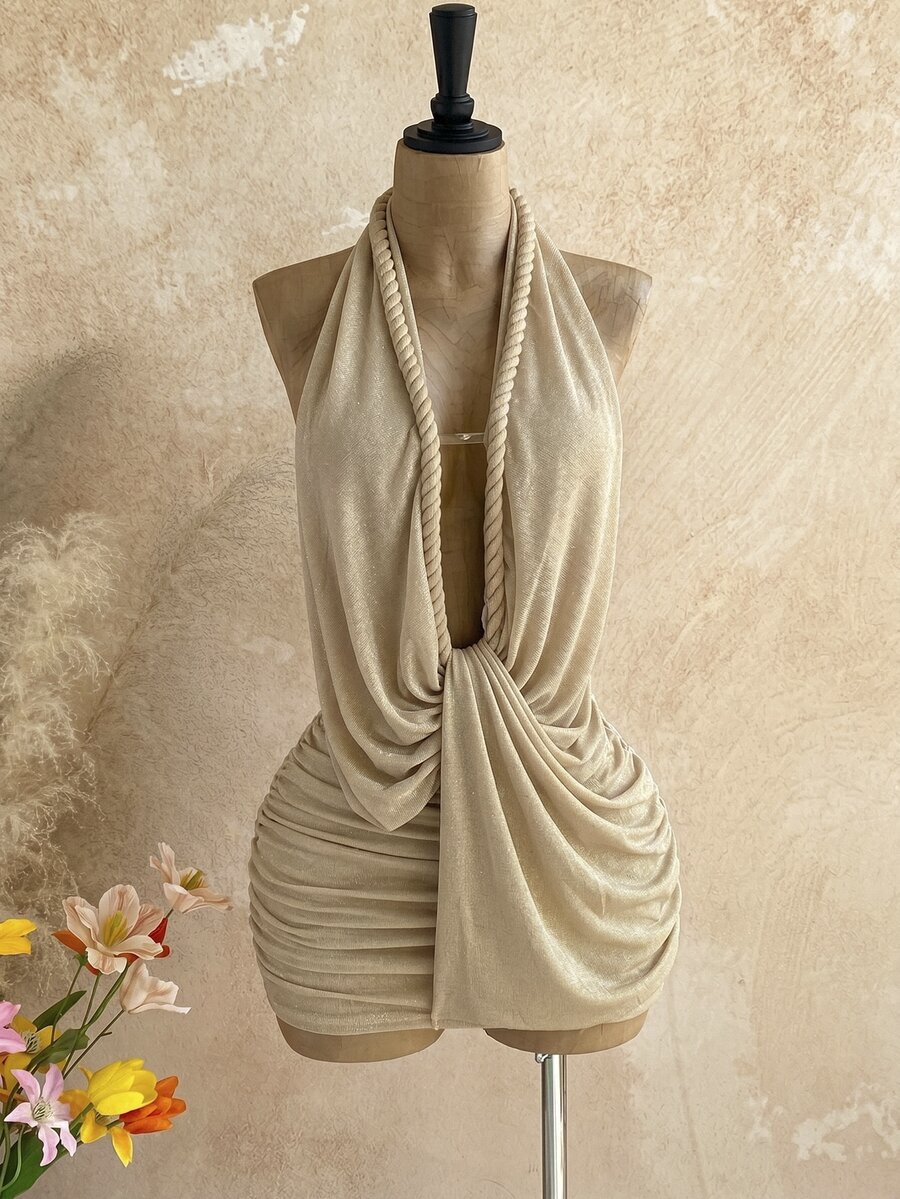 Soleia Women's Solid Color Halter Neck Pleated Casual Sexy Boho Date Night Out Club Night Party Mini Dress Beige Summer - Apricot - View 1