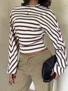 Aloruh Women's Autumn/Winter Casual Loose Fit Striped T-Shirt - Multicolor - View 5