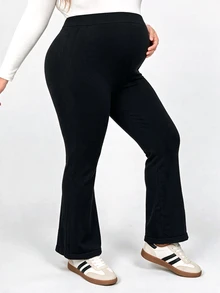 Plussiva Leggings de maternidad talla grande unicolor cintura alta con fruncido en la cadera y pierna acampanada - Negro - Ver 2