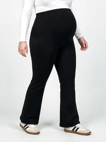 Plussiva Leggings de maternidad talla grande unicolor cintura alta con fruncido en la cadera y pierna acampanada - Negro - Ver 5
