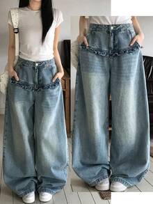 DAZY Tween Gir Elastic Waist Fashion Wide Leg Jeans - Medium Wash - View 1