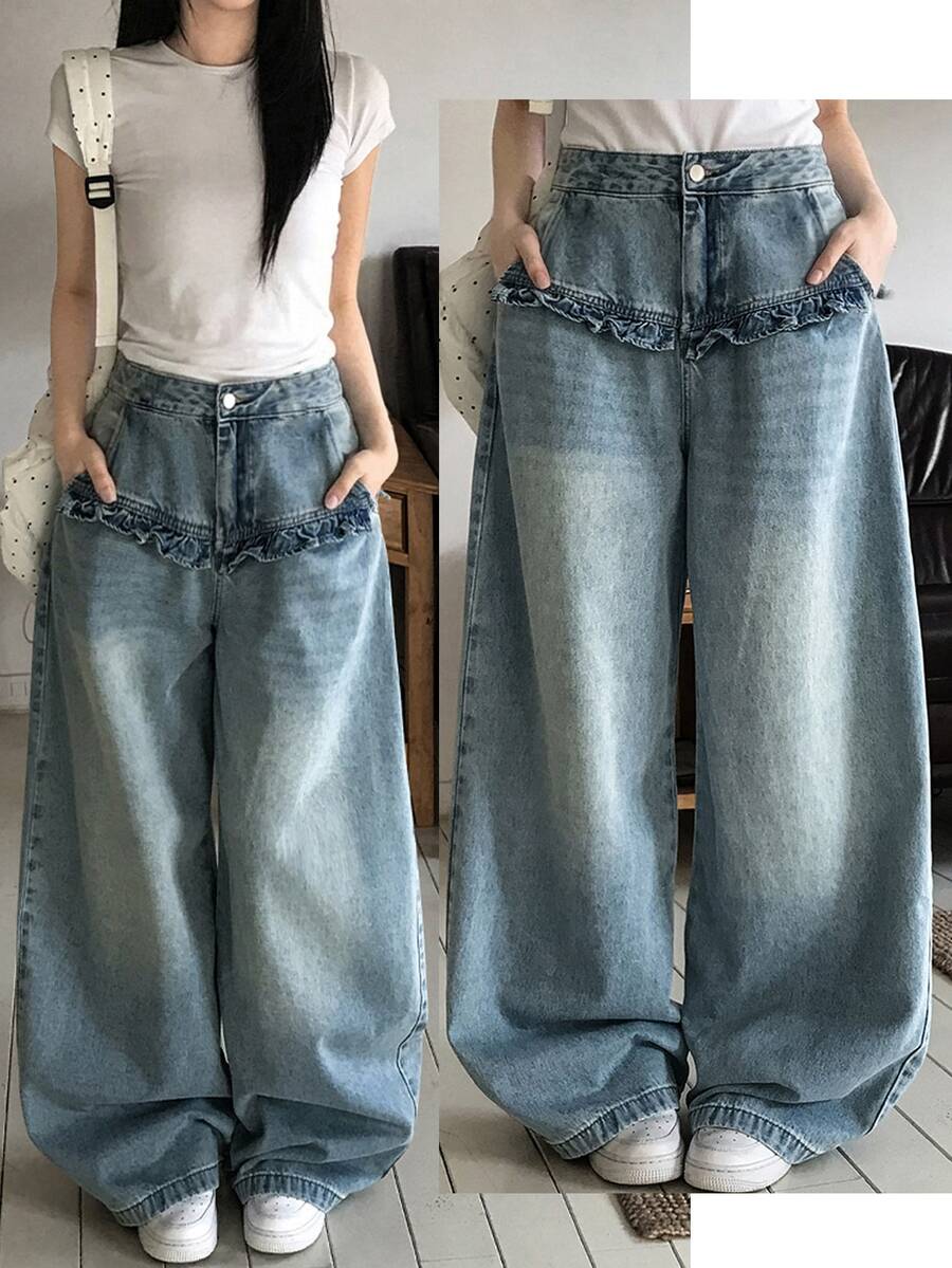 DAZY Tween Gir Elastic Waist Fashion Wide Leg Jeans - Medium Wash - View 1