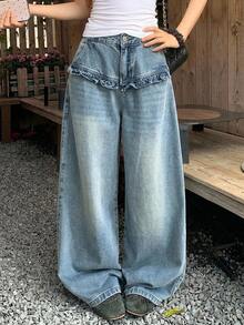 DAZY Tween Gir Elastic Waist Fashion Wide Leg Jeans - Medium Wash - View 2
