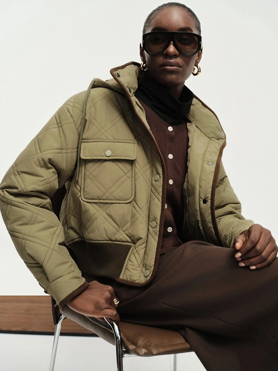 Aveloria Modichic Women's Jacket Cropped Loose Quilted Ribbed Diamond Quilt Flap Pockets Button Casual Cargo Olive Green Solid Fall Clothes For Women Halloween - Green - View 1