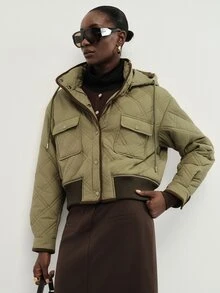 Aveloria Modichic Women's Jacket Cropped Loose Quilted Ribbed Diamond Quilt Flap Pockets Button Casual Cargo Olive Green Solid Fall Clothes For Women Halloween - Green - View 4
