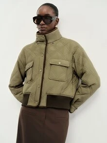 Aveloria Modichic Women's Jacket Cropped Loose Quilted Ribbed Diamond Quilt Flap Pockets Button Casual Cargo Olive Green Solid Fall Clothes For Women Halloween - Green - View 7
