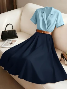 SHEIN Clasi 女士杏色和卡其色V领短袖收腰喇叭连衣裙，优雅精致，适合情人节、复活节、劳动节、生日、约会、派对、正式场合、教师装、旅行、春夏穿着。 - 彩色 - 查看 4