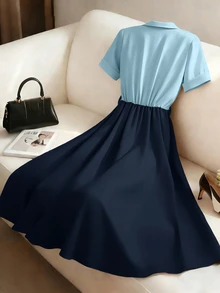 SHEIN Clasi 女士杏色和卡其色V领短袖收腰喇叭连衣裙，优雅精致，适合情人节、复活节、劳动节、生日、约会、派对、正式场合、教师装、旅行、春夏穿着。 - 彩色 - 查看 2