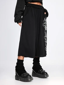 ROMWE Grunge Punk Celana Sweatpants Wanita Ukuran Sedang Motif Salib Gaya Street Punk, Panjang Sedang - Hitam - View 7