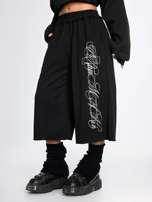 ROMWE Grunge Punk Celana Sweatpants Wanita Ukuran Sedang Motif Salib Gaya Street Punk, Panjang Sedang - Hitam - View 5