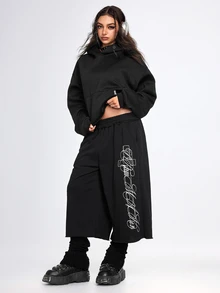 ROMWE Grunge Punk Celana Sweatpants Wanita Ukuran Sedang Motif Salib Gaya Street Punk, Panjang Sedang - Hitam - View 1