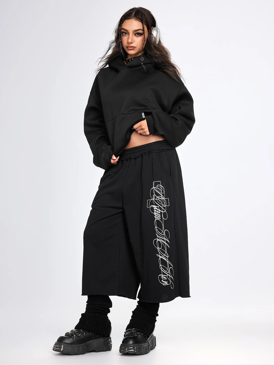 ROMWE Grunge Punk Celana Sweatpants Wanita Ukuran Sedang Motif Salib Gaya Street Punk, Panjang Sedang - Hitam - View 1