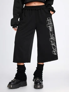 ROMWE Grunge Punk Celana Sweatpants Wanita Ukuran Sedang Motif Salib Gaya Street Punk, Panjang Sedang - Hitam - View 4