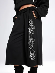 ROMWE Grunge Punk Celana Sweatpants Wanita Ukuran Sedang Motif Salib Gaya Street Punk, Panjang Sedang - Hitam - View 2